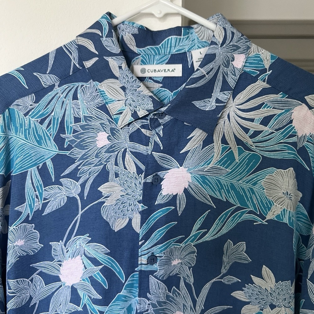 NEW Cubavera Shirt Mens LARGE Blue Floral Tropical Hawaiian Resort Button Down